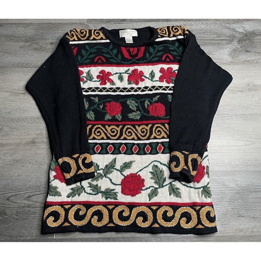 VTG Casual Corner Crewneck Knit Sweater Small Red Roses Metallic Gold Scroll
